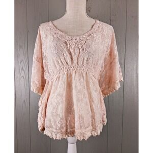 Vintage Y2K Pink Lace Top Womens M Fairy Cottagecore Coquette Babydoll Crochet